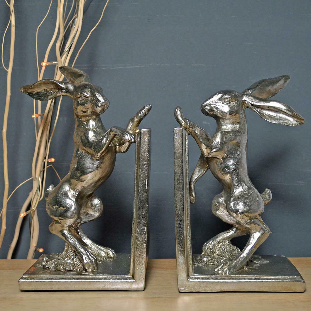 Silver Boxing Hares Office Desk Book Ends Decorative Bookshelf Organizers