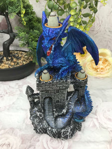 Blue Dragon Guarding Castle Statue Cone Burner Fantasy Art Dragons Collection