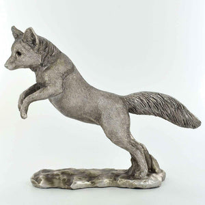 Silver Effect Jumping Fox Sculpture Statue Ornament Wild Animal Gift Idea