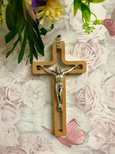 Load image into Gallery viewer, Wooden Crucifix Hanging Wall Cross Silver Metal Corpus Christi Religious-OsirisTradingUK
