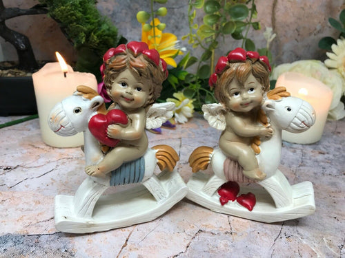 Pair of Guardian Angel Figurine Cherub on Rocking Horse Holding Heart Ornament-Collectables:Fantasy, Myth & Magic:Mythical Creatures:Angels-OsirisTradingUK