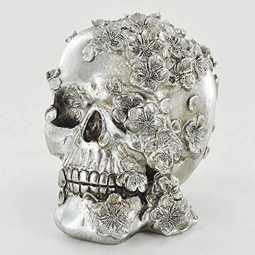 Silver Skull with Flowers Ornament Figure Gothic Decor Pagan Sculpture-OsirisTradingUK