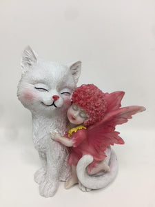 Adorable Fairy with White Cat Companion Sculpture Figurine Fantasy Fairies-OsirisTradingUK