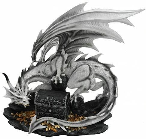 Large Dragon Guarding Treasure Chest Statue Sculpture Figurine Display