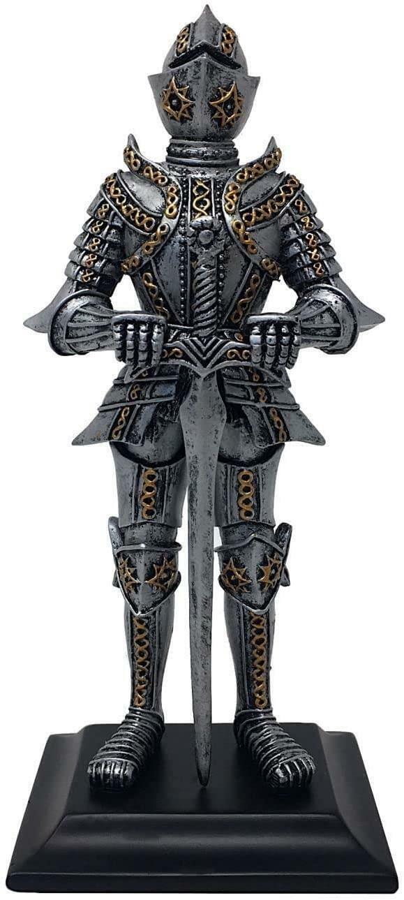Silver Templar Knight Standing with Sword and Shield Statue Ornament Medieval