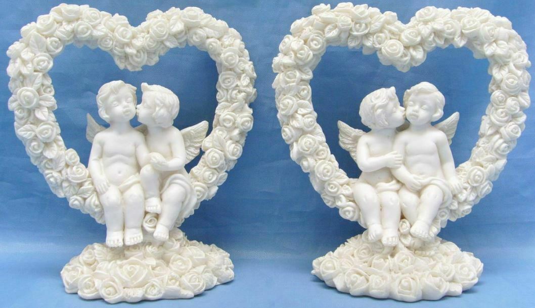 Pair of Guardian Angel Figurine Cherubs Resting in Heart Ornament Sculpture Gift