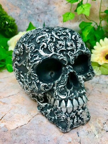 Floral Decay Black Silver Skull Figure Skulls Collection Sculpture Gothic Decor-OsirisTradingUK
