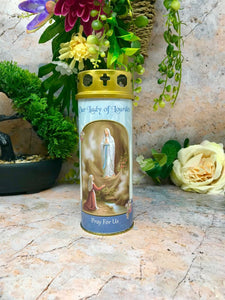 Lourdes Grave Candle Windproof Cap Prayer on Reverse Religious Graveside