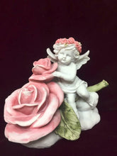 Load image into Gallery viewer, Guardian Angel Resting on Rose Figurine Cherub with Flower Statue Ornament
