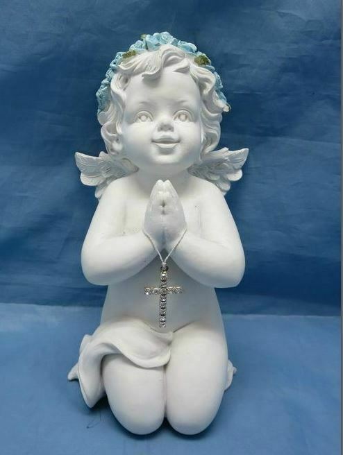 Guardian Angel Figurine Praying Cherub with Cross Statue Ornament Sculpture