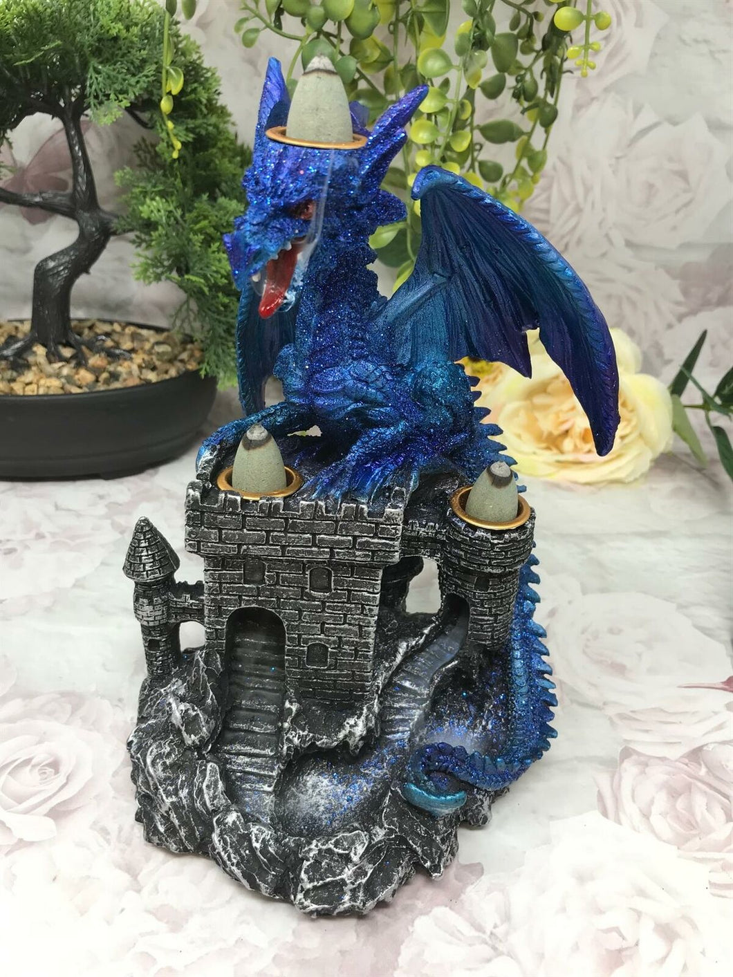 Blue Dragon Guarding Castle Statue Cone Burner Fantasy Art Dragons Collection