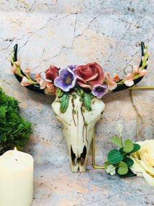 Floral Vintage Style Bison Skull Wall Plaque Cow Horns Animal Skulls Garden-OsirisTradingUK