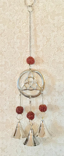 Chrome Triquetra Wind Chime with Rudraksha Beads Wicca Pagan Wall Hanging-OsirisTradingUK