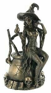Bronze Witch Sculpture with Cauldron Witchcraft Statue Pagan Ornament