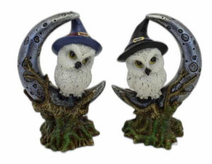 Pair of Collectable Owls Resting on Wiccan Moon Figurines Pagan Style Statues