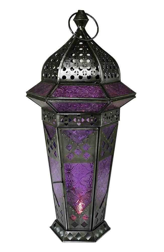 Antique Effect Purple Glass Moroccan Style Zinc Lantern Candle Tealight Holder-OsirisTradingUK