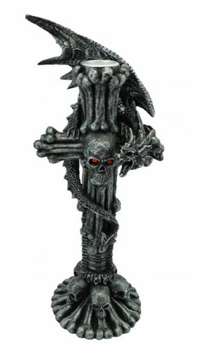 Stone Effect Dragon Wrapped Around Skull Cross Candle Holder Fantasy Art-OsirisTradingUK