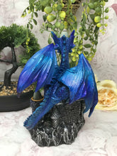 Load image into Gallery viewer, Blue Dragon Guarding Castle Statue Cone Burner Fantasy Art Dragons Collection
