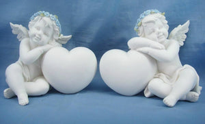 Pair of Guardian Angel Figurine Cherubs Resting on Heart Ornament Sculpture