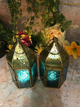Load image into Gallery viewer, Set of Two Blue Glass Moroccan Style Lanterns Brass Candle Holders
