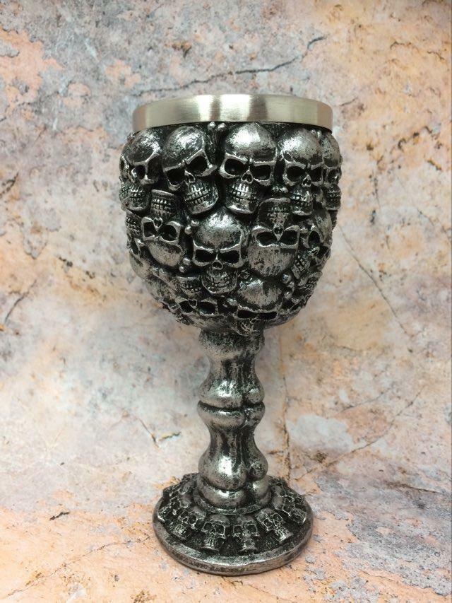 Silver Effect Skulls Goblet Chalice Drinking Cup Gothic Ornament Home Decoration-OsirisTradingUK