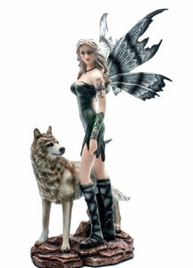 Fairy and Wolf Companion Figurine Fantasy Fairies Figure Mythical Sculpture
