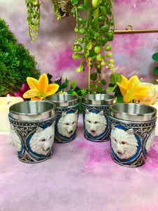 Set of 4 White Wolves Shot Glasses Ornaments Wolf Gothic Table Decor