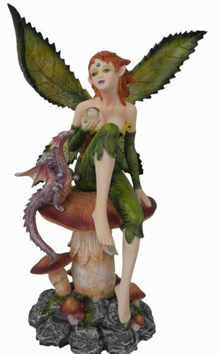 Fairy Resting on Toadstool and Dragon Companion Figurine Fantasy Fairies Figure-OsirisTradingUK