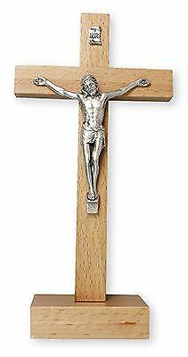 Free Standing Pear Wood Crucifix Cross Silver Metal Corpus Religious Ornament