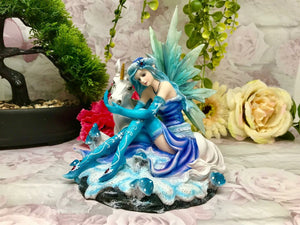 Sitting Blue Winter Fairy with Unicorn Display Figurine Statue Ornament-OsirisTradingUK