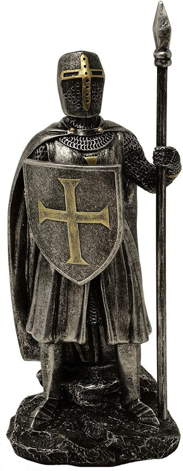 Silver Templar Knight Standing with Spear and Shield Statue Medieval Sculpture