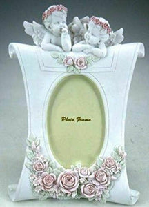 Novelty Cherubs Photo Picture Frame Pink Roses Ornament Sculpture Decoration