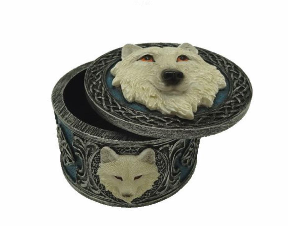 Celtic Style White Wolf Round Trinket Box Hand Crafted Wolves Collection Gift-OsirisTradingUK