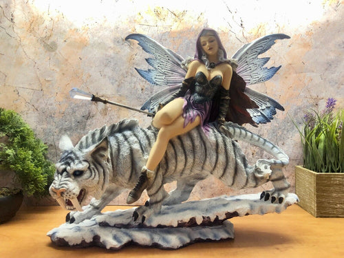 Large Fairy and White Tiger Sculpture Statue Mythical Creatures Figure Ornament-OsirisTradingUK