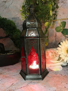 Moroccan Style Lantern Zinc Antique Red Glass Tea Light Candle Holder-OsirisTradingUK