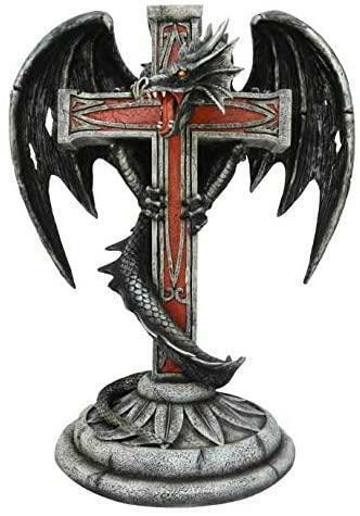 Large Sculpture Dragon Guardian Wrapped Around Cross Statue Gothic Figurine-OsirisTradingUK