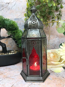 Moroccan Style Lantern Zinc Antique Red Glass Tea Light Candle Holder-OsirisTradingUK