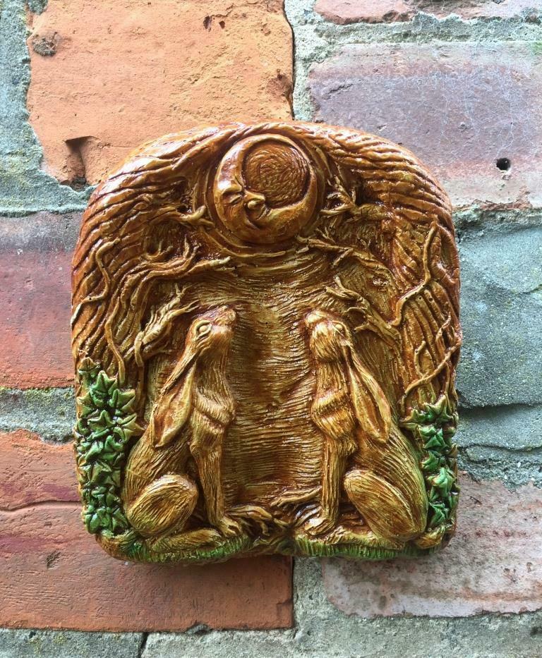 Moongazing Hare Pagan Wall Plaque Wiccan Sculpture Garden Ornament