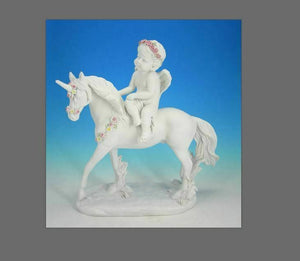 Guardian Angel Figurine Riding on Unicorn Companion Cherub Ornament Sculpture