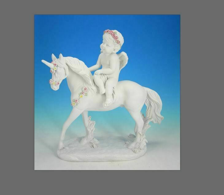 Guardian Angel Figurine Riding on Unicorn Companion Cherub Ornament Sculpture