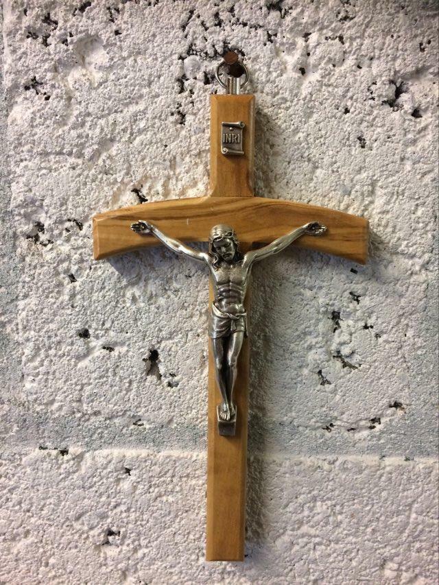 Olive Wood Crucifix Hanging Wall Cross Silver Metal Corpus Religious 25 cm-OsirisTradingUK