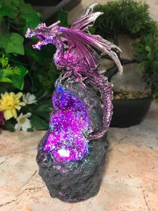 Purple Dragon Guardian of Geode Sculpture Statue Ornament with LED Light-OsirisTradingUK