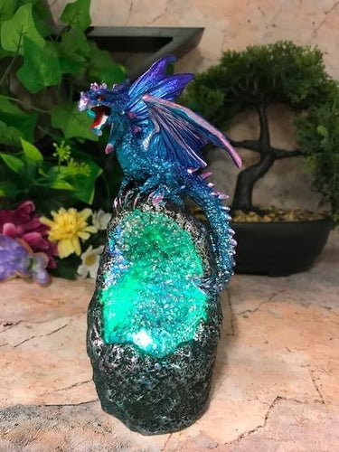 Blue Dragon Guardian of Geode Sculpture Statue Ornament with LED Light-OsirisTradingUK