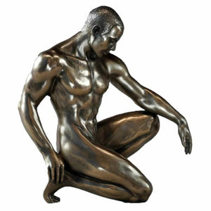 Bronze Effect Naked Kneeling Male Athlete Figurine Bronze Statue Nude Man
