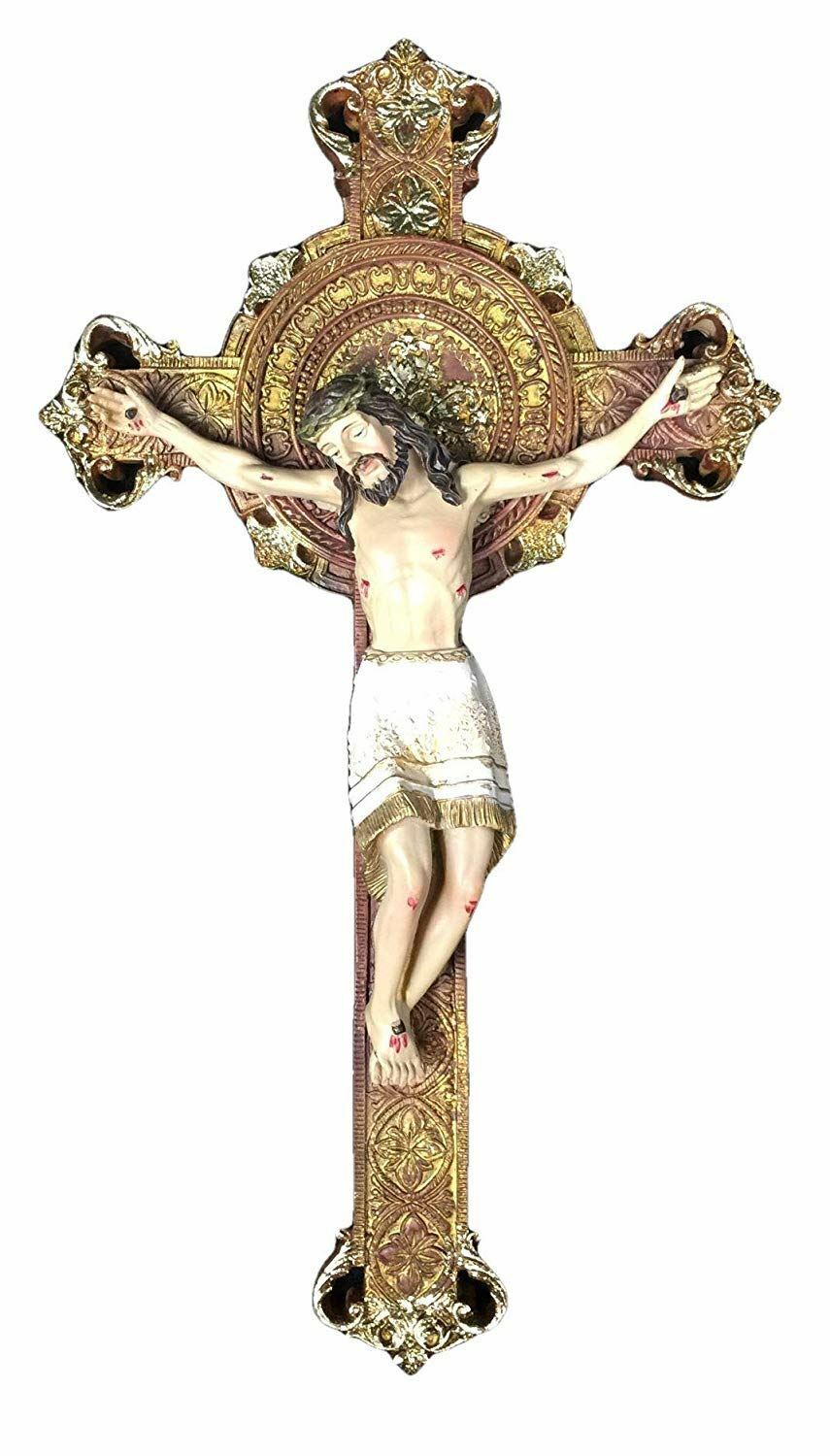 Gold Effect Crucifix Hanging Cross Resin Corpus Jesus Christ Religious Ornament