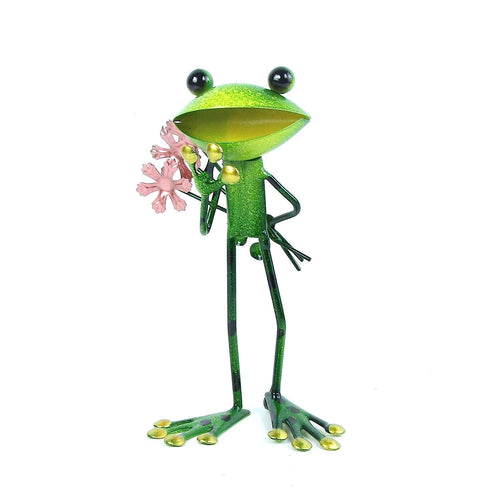 Green Metal Frog Flowers Garden Ornament Lawn Decoration Frogs Comical Figures-OsirisTradingUK