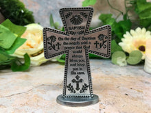 Laden Sie das Bild in den Galerie-Viewer, Standing Pewter Baptism Cross Religious Ornament 3 Inch High Baby Gifts-OsirisTradingUK
