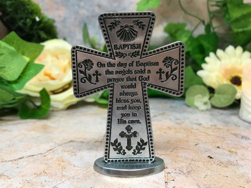 Standing Pewter Baptism Cross Religious Ornament 3 Inch High Baby Gifts-OsirisTradingUK