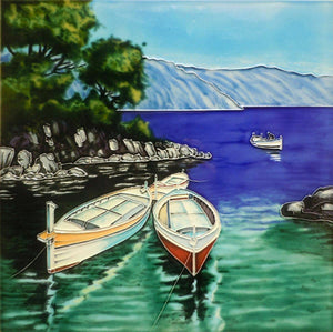 HAND PAINTED CERAMIC WALL TILE "BOATS" by STEVE THOMS ART 12" x 12" NEW & BOXED