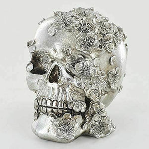 Silver Skull with Flowers Ornament Figure Gothic Decor Pagan Sculpture